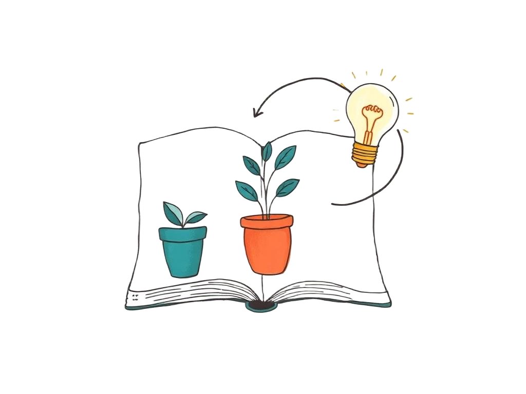 An open notebook with plants and a light bulb